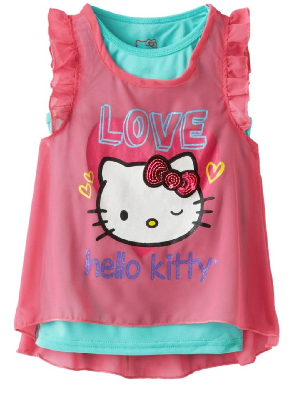 Hello Kitty Little Girls 2-Layer Blouse Ruffle Sleeves Top Chiffon Pink - Picture 2 of 2